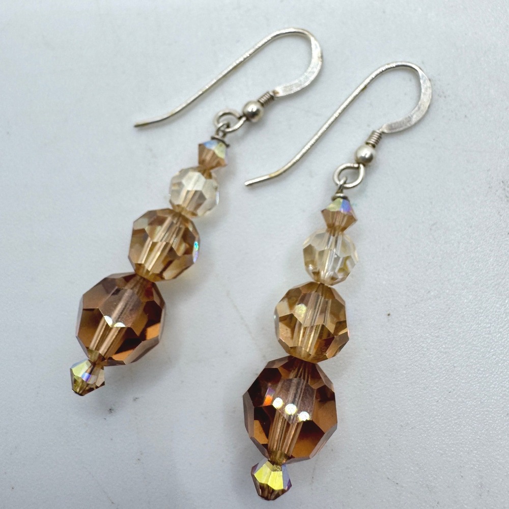 Amber Crystal Graduated Drop Earrings Iridescent Faceted Dangle Silver Tone